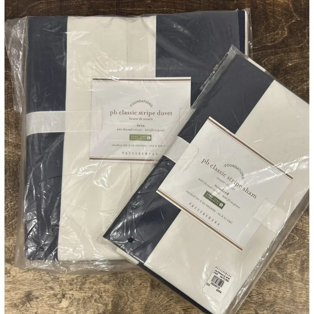 Pottery Barn Classic Stripe TWIN Duvet Cover & Standard Sham Navy Blue / White